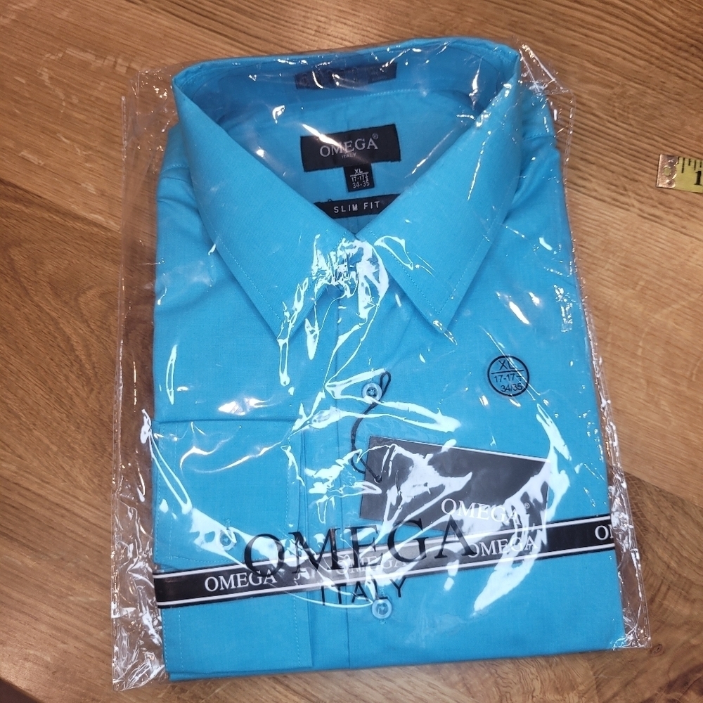 NWT Omega Shirt Men's XL Button Down Slim Fit Teal Long Sleeve Dress Shirt